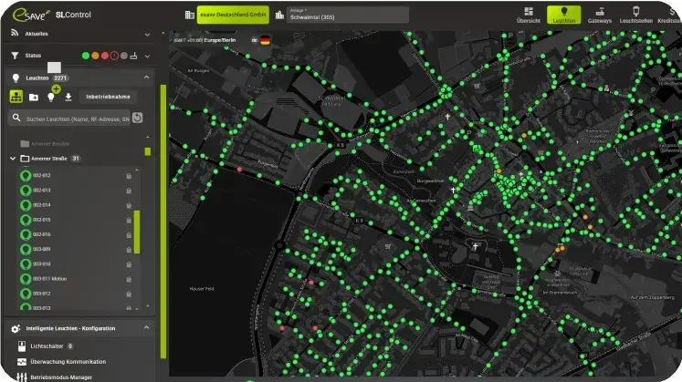 Karte mit Markierungen für Straßenlaternen