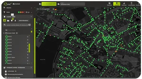 Karte mit Markierungen für Straßenlaternen